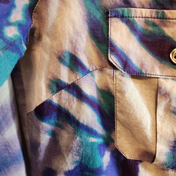 BCBG MAXAZRIA BLUE PURPLE GRAY TIE-DYE SHEER TOP SIZE XS LONG SLEEVE COLORFUL - Picture 6 of 9